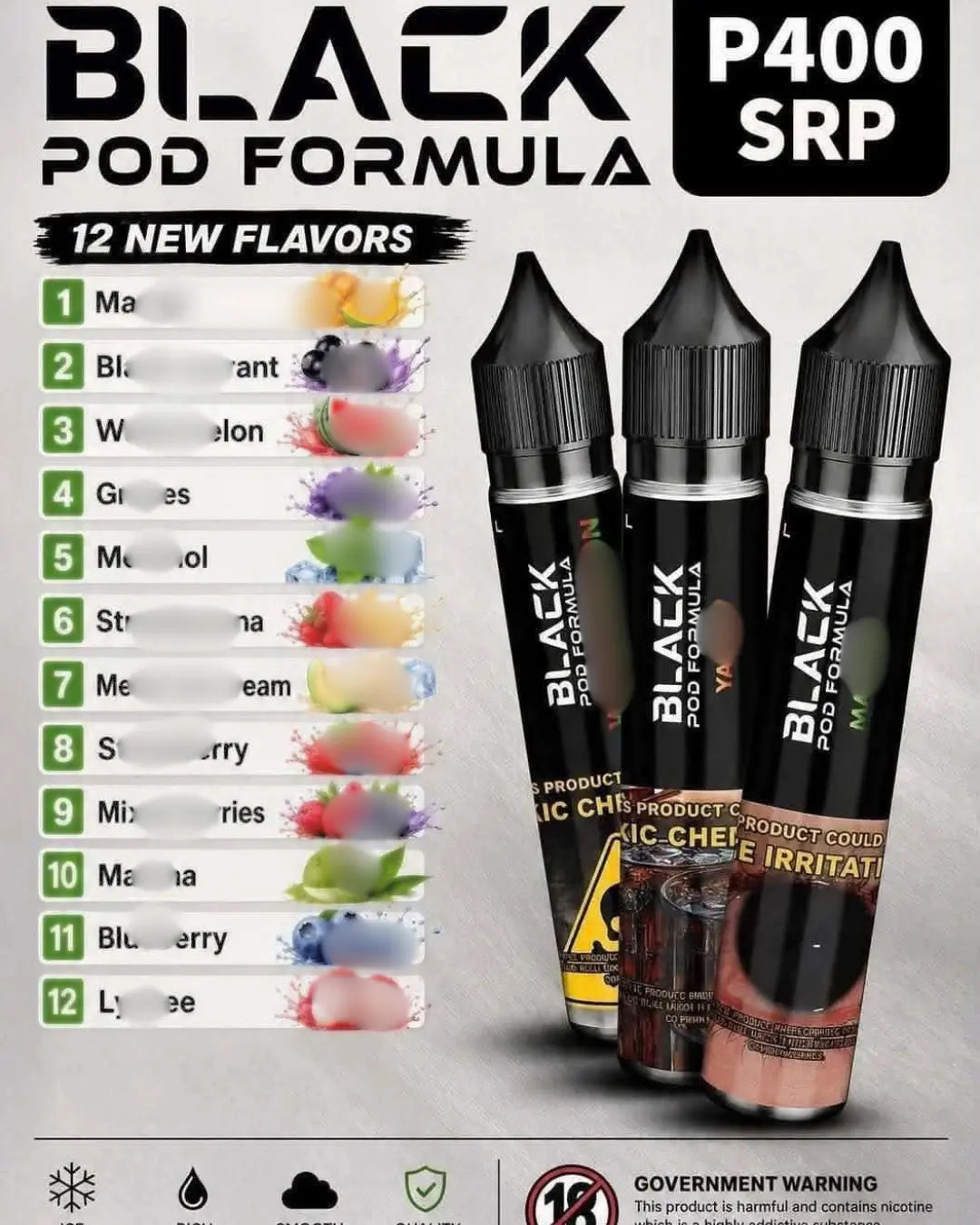 Three black pod formula e-liquid bottles labeled BLACK POD FORMULA P400 SRP, shown on a light gray background with a flavor list and warning label. The bottles are black with white text and small multicolor flavor graphics.