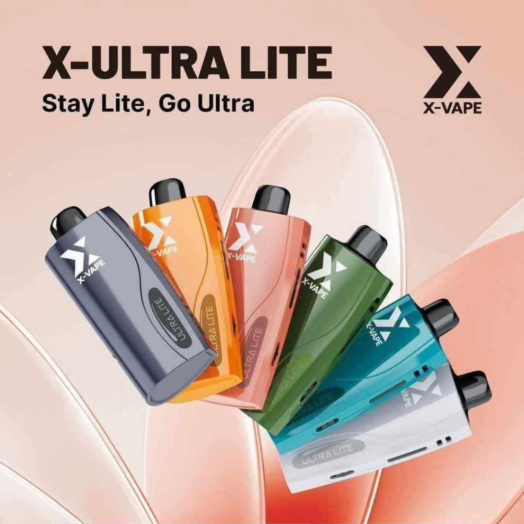 X-Ultra Lite vape devices in various colors with X-Vape branding on a light pink background.