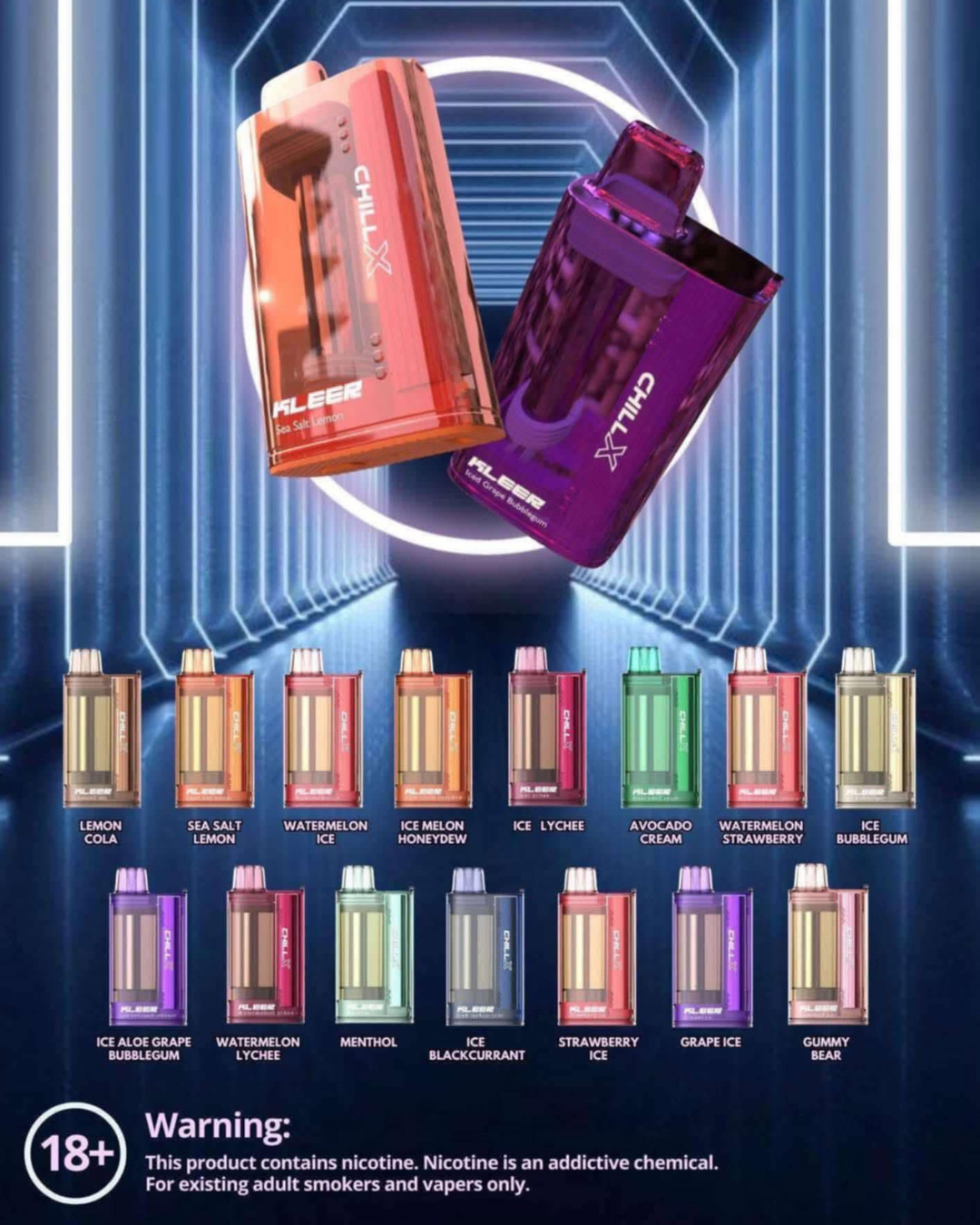 Chillax Vape devices with flavor options on a blue background