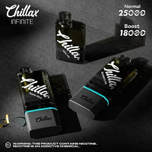 Chillax Infinite vape device with different pod options on a dark background