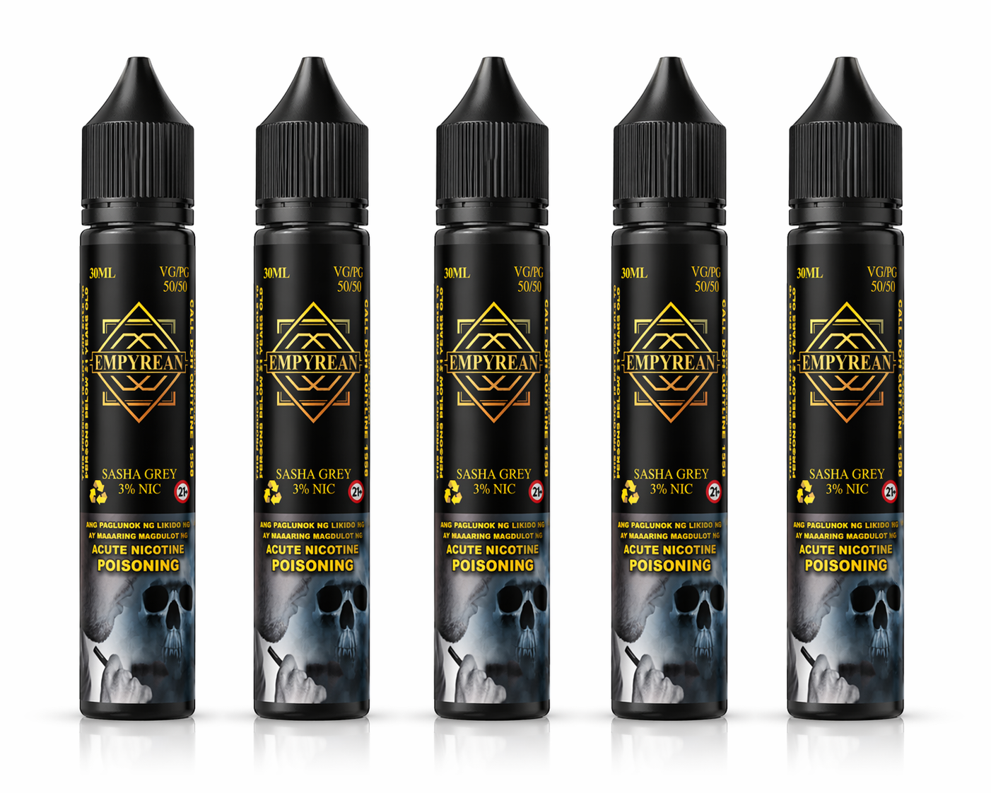 Five bottles of Empyrean salt nicotine vape juice with black and gold labels on a white background