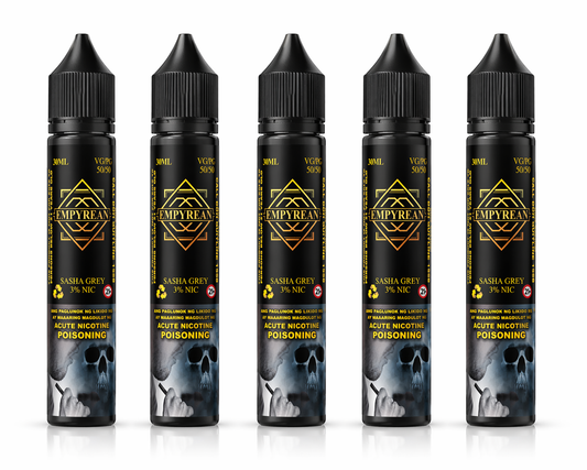 Five bottles of Empyrean salt nicotine vape juice with black and gold labels on a white background
