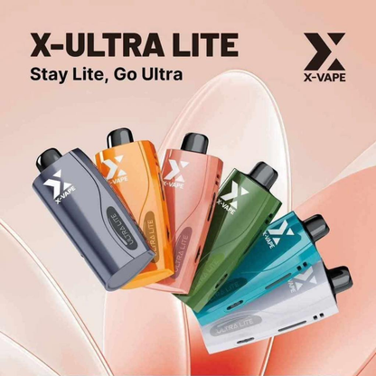 X-Ultra Lite vape devices in various colors with X-Vape branding on a light pink background.